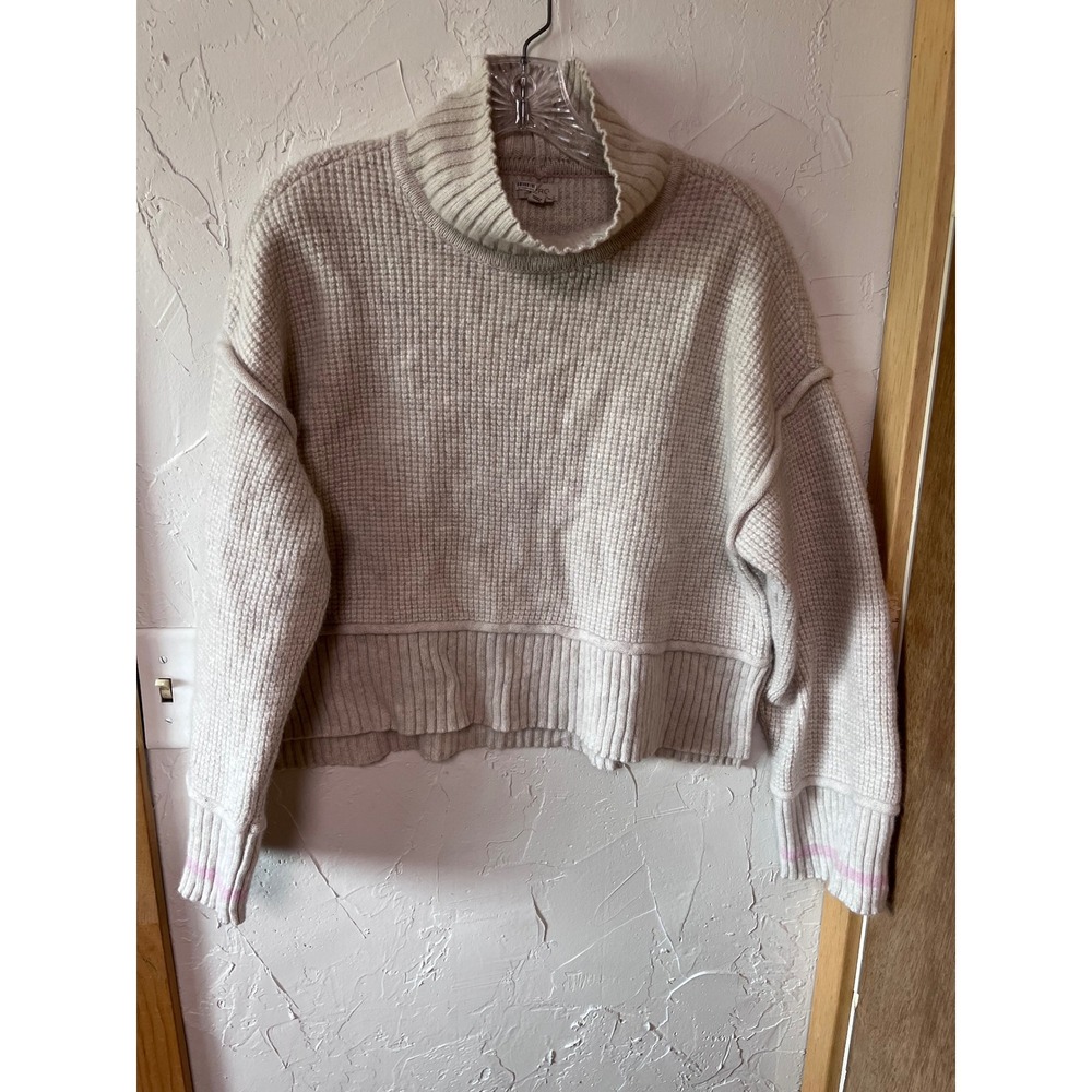 Pilcro 100% Cashmere Waffle Knit‎ Mock Neck Sweater Oatmeal Pink Stripe Large